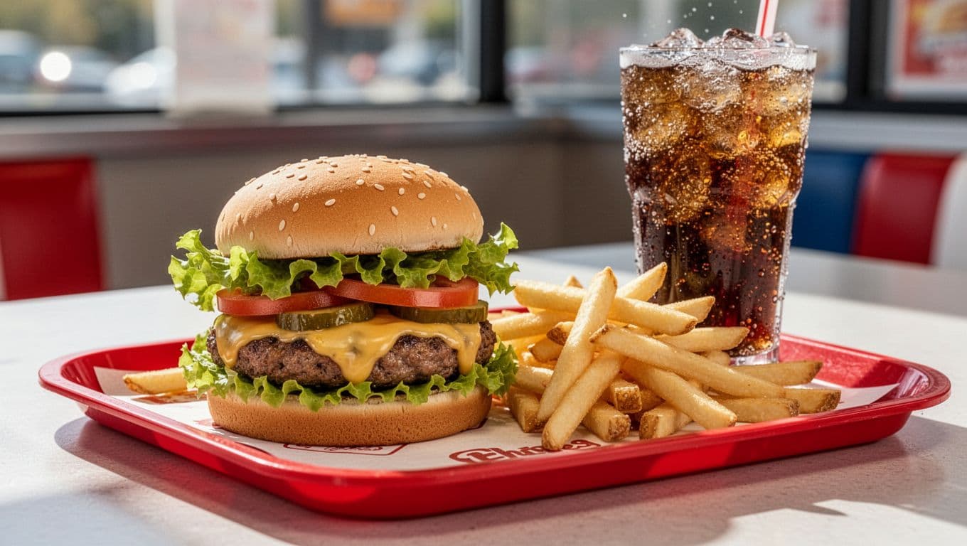 Cheeseburger with toppings, golden fries, and soft drink on red tray; green band with 'Burger Meals' headline above, blurred fast food counter background.