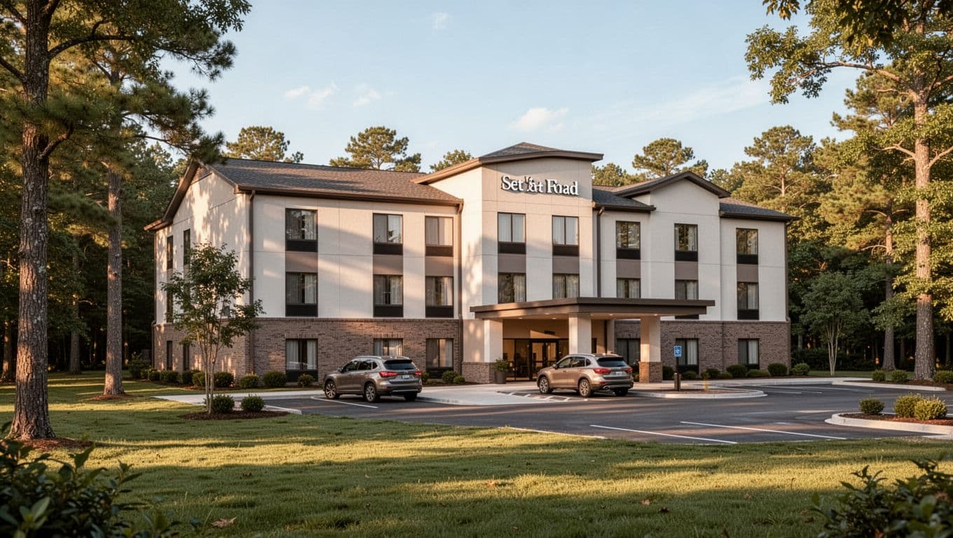 Clean two-story modern hotel facade in Chelsea, Alabama, with entrance, parking lot featuring one SUV, suburban green lawn, trees, and clear daytime sky in realistic photography style.
