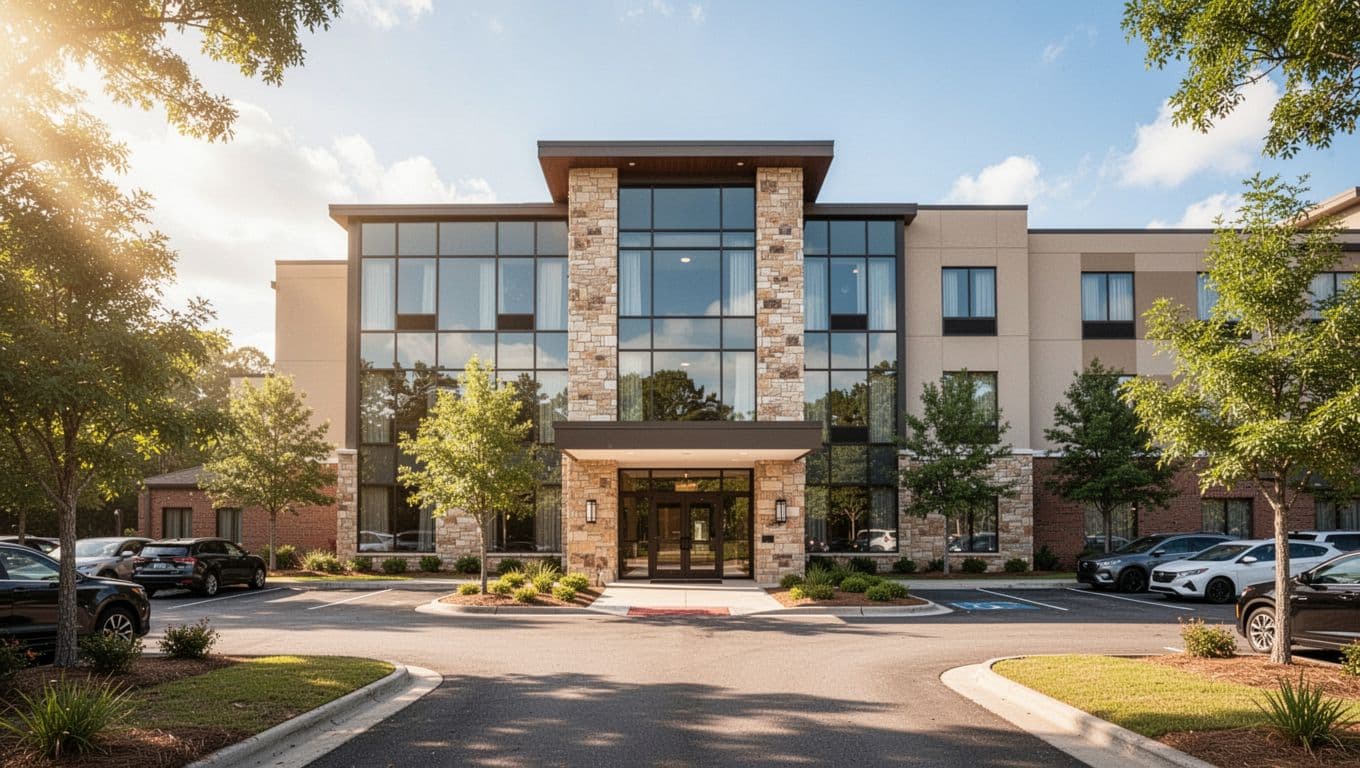 Photorealistic exterior of a modern hotel building in suburban Alabama, with clean facade, parking lot, trees, and welcoming entrance under sunny afternoon light. Features 'Top Picks' headline in green band at top.