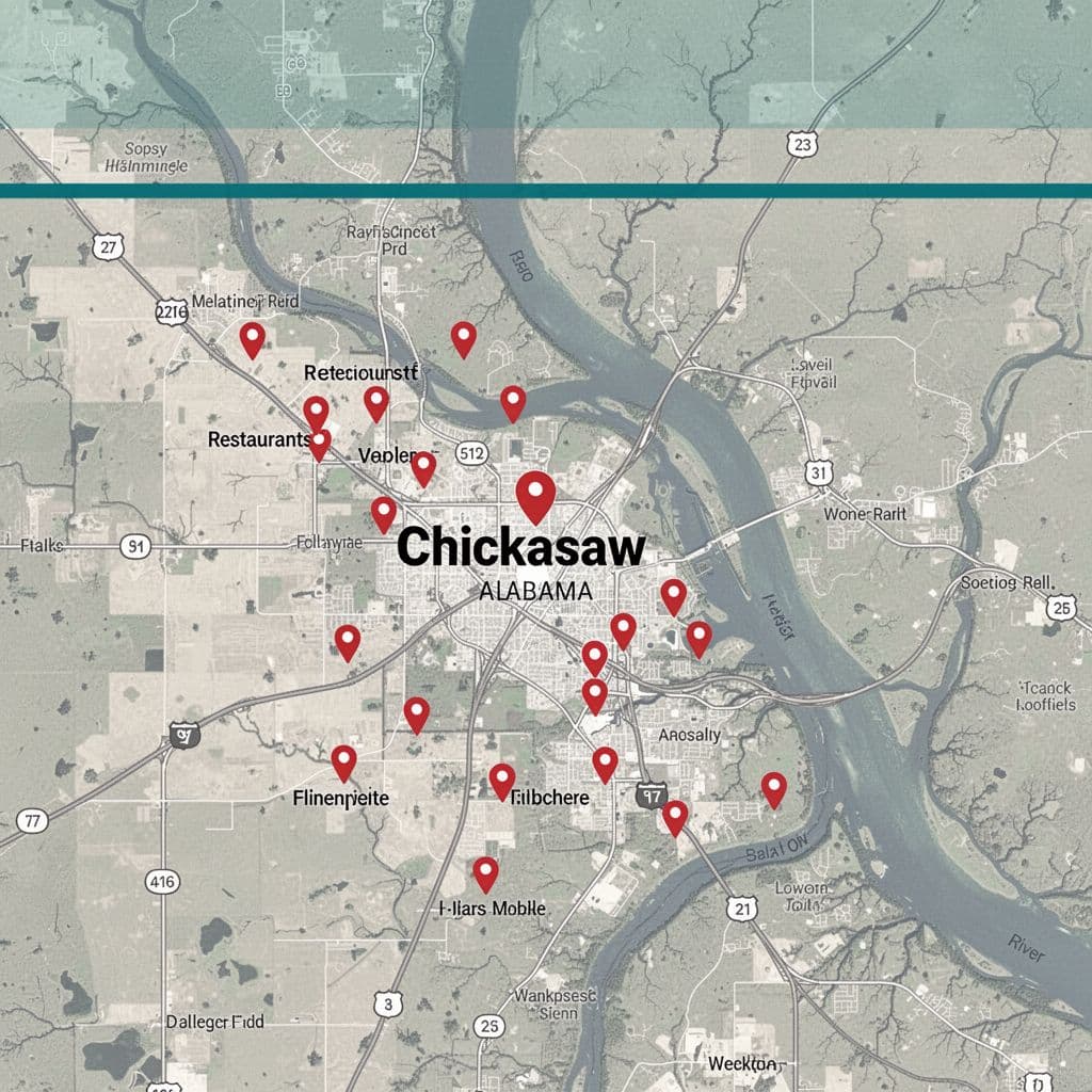 Map of Chickasaw Alabama with restaurant pins on riverside roads under green CHICKASAW SPOTS header.