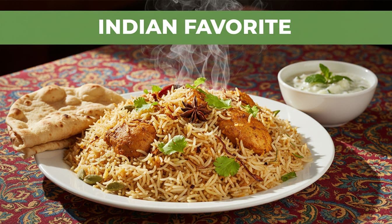 Steaming chicken biryani plate with raita bowl and naan on colorful tablecloth, green 'INDIAN FAVORITE' band at top.