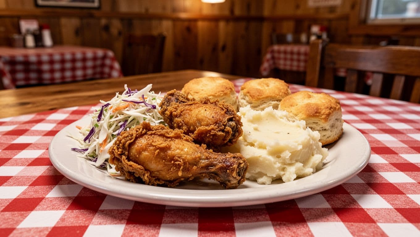 Crispy fried chicken with coleslaw, mashed potatoes, and biscuits on white plate at diner table with checkered cloth and Chicken Shack headline band.