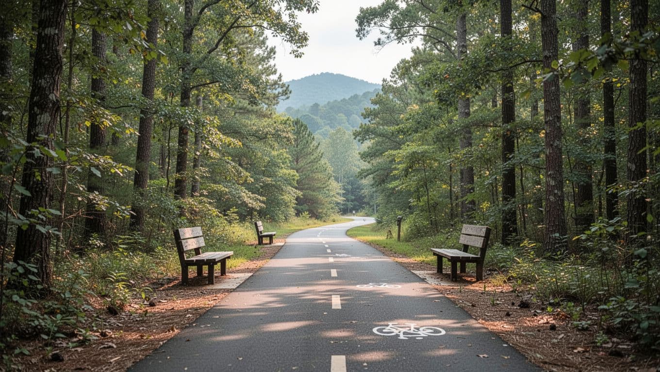 Paved bike trail through lush green Alabama woods on Chief Ladiga Trail with benches, distant hills, daytime soft lighting, realistic photo style.