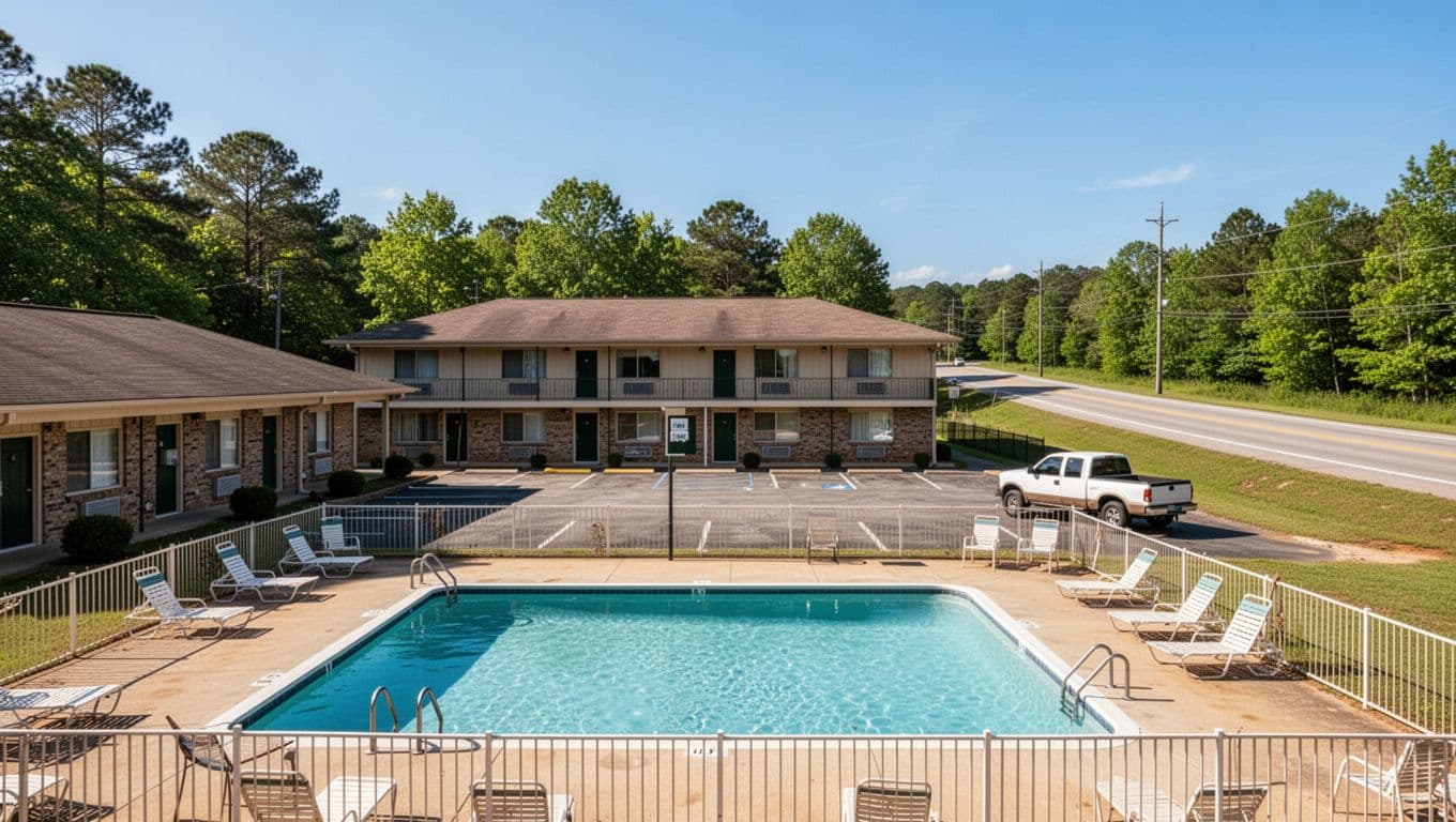 Roadside budget motel exterior along US Highway 280 in rural Childersburg, Alabama, with outdoor swimming pool, lounge chairs, parked pickup truck, sunny skies, and green trees. Bold green headline band 'Childersburg Stays' at top in Montserrat-style font.
