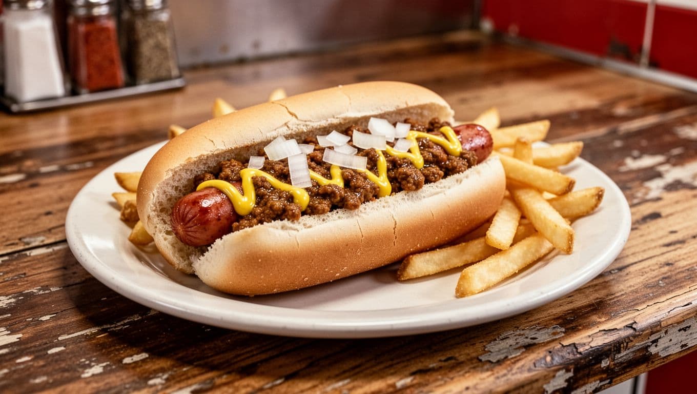 Chili-topped hot dog with mustard, onions, and fries on diner counter under green Quick Bites headline.