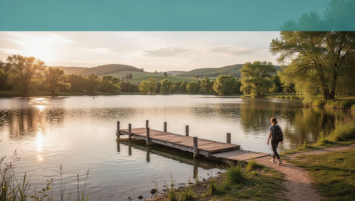 Branded editorial image with 'Chilton Views' green header band over a focal serene Lake Mitchell Alabama lakeside landscape featuring wooden dock, green trees, rolling hills, clear water, golden hour sunlight, and one person walking relaxed on shore path.