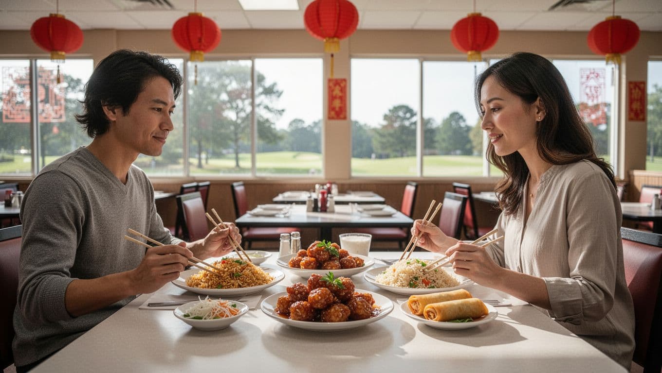Bright clean Chinese restaurant interior with two people at table holding General Tso's chicken, fried rice, egg rolls; red lanterns, daylight windows, green 'CHINESE QUICK' header.