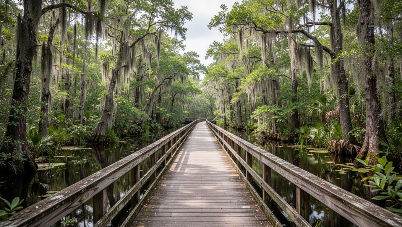 Scenic boardwalk path through dense green swamp forest with Spanish moss-draped trees, calm water reflections, and soft diffused daylight in realistic high-detail photography style.