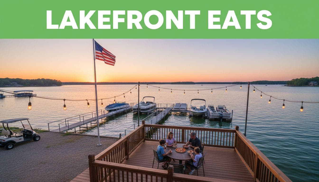 Wooden deck overlooks calm Lake Martin with docked boats; family of three eats pizza under string lights at sunset, green 'Lakefront Eats' banner at top.