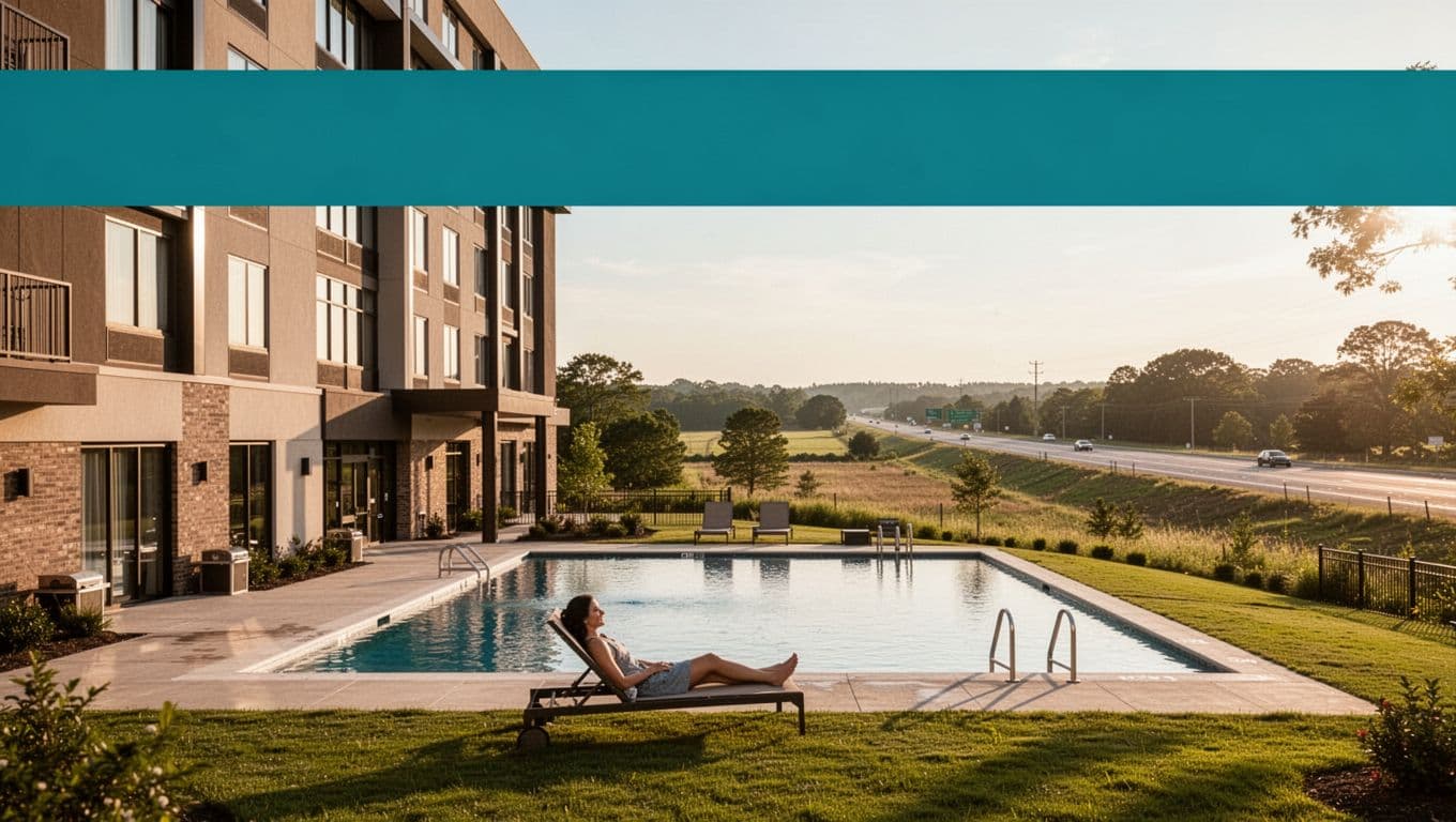 Modern hotel building exterior with outdoor pool, lounge chairs, green lawns in rural Alabama setting under warm sunny daylight, featuring one relaxed person by the pool and bold 'Clanton Bases' headline.