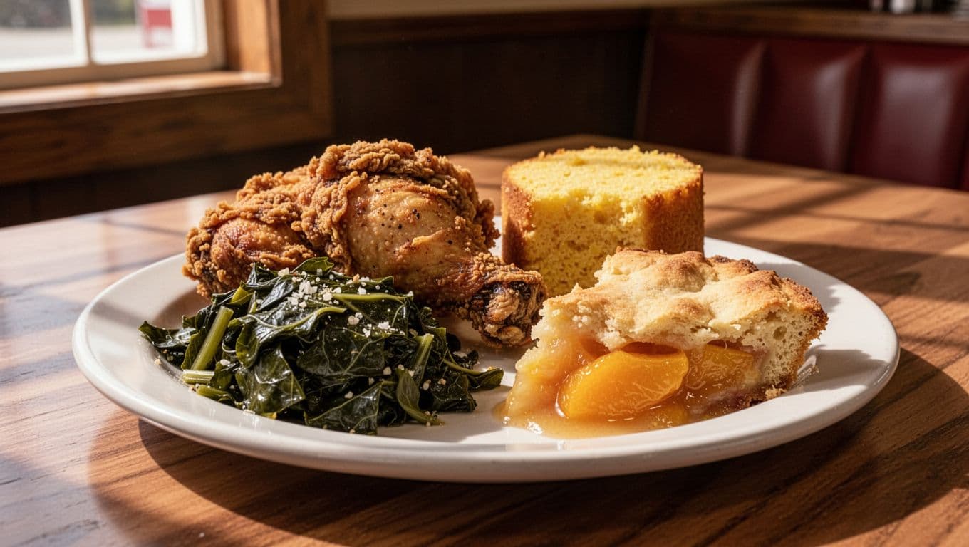 Plate of fried chicken, collard greens, cornbread, and peach cobbler on wooden diner table under 'CLANTON EATS' green headline band.