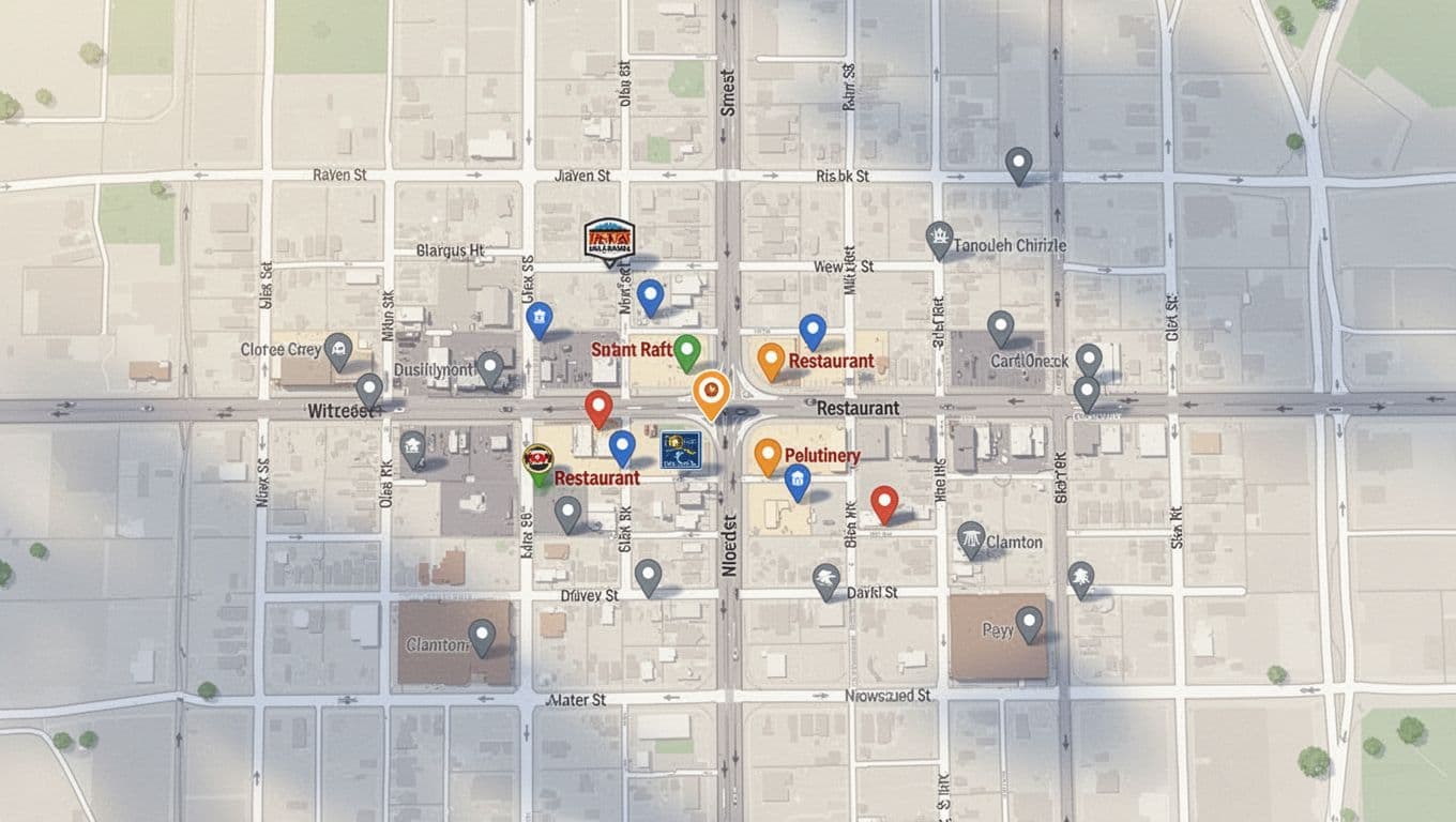 Simple road map of downtown Clanton highlighting restaurant spots under bold 'FIND IT' green headline band.