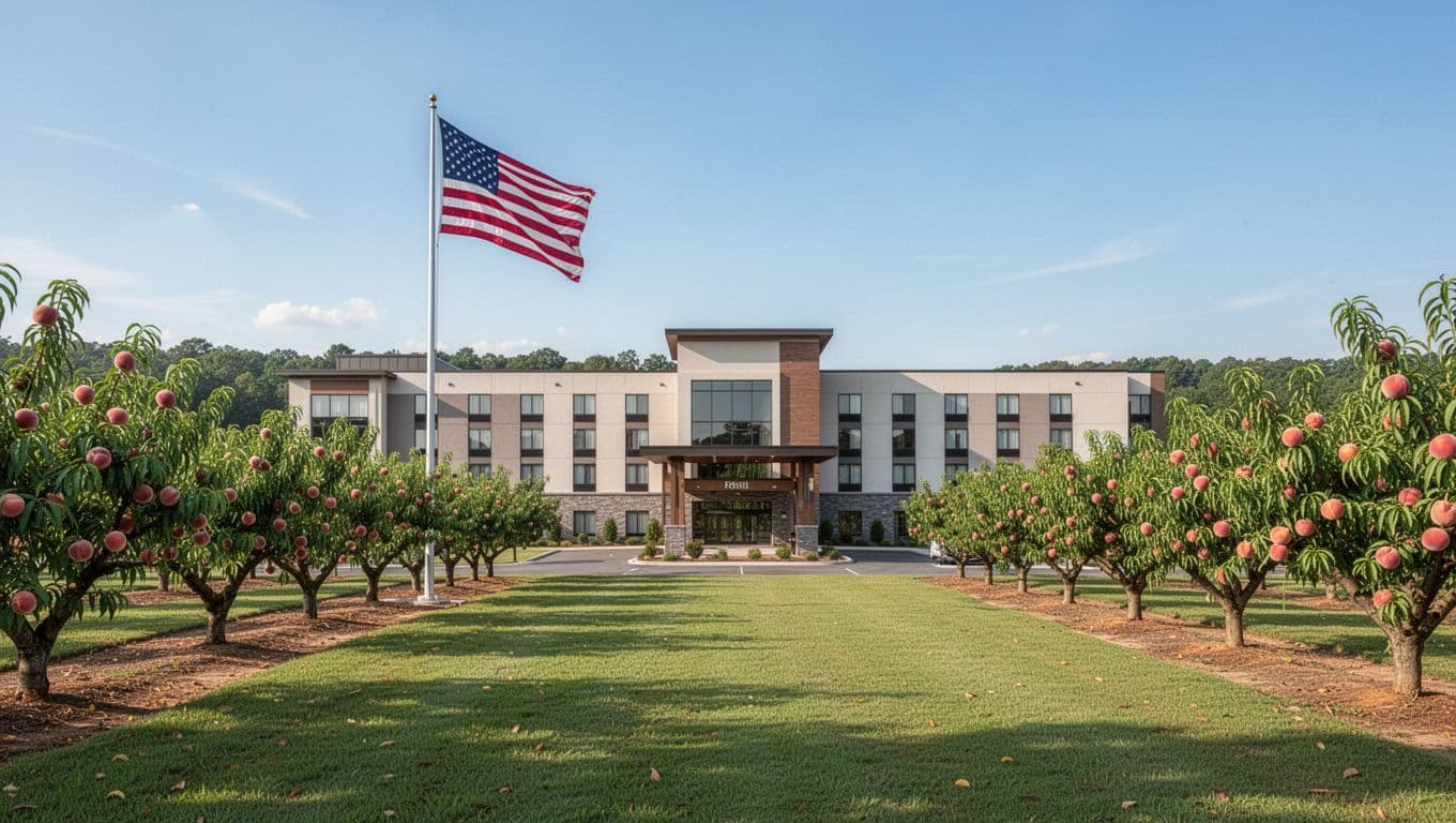 Modern hotel exterior in rural Alabama near peach orchards with green lawns, American flag, and clear blue sky. Features bold 'Clanton Stays' headline in green band at top, clean architecture, landscape composition, natural daylight.