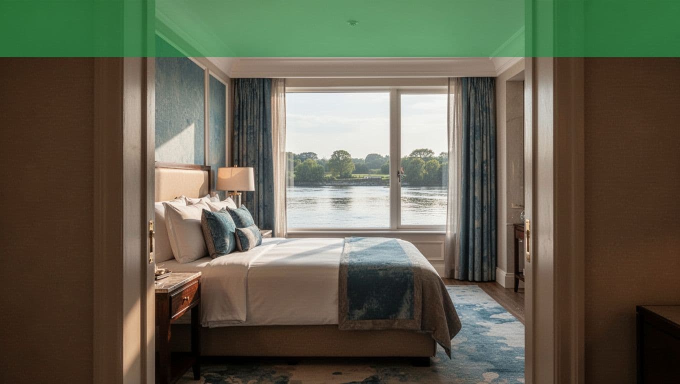 Interior of a comfortable Clarion Inn hotel room in Sheffield, AL, with a king bed, neutral linens, bedside table, and window offering a river view under soft natural light and blue-green accents.