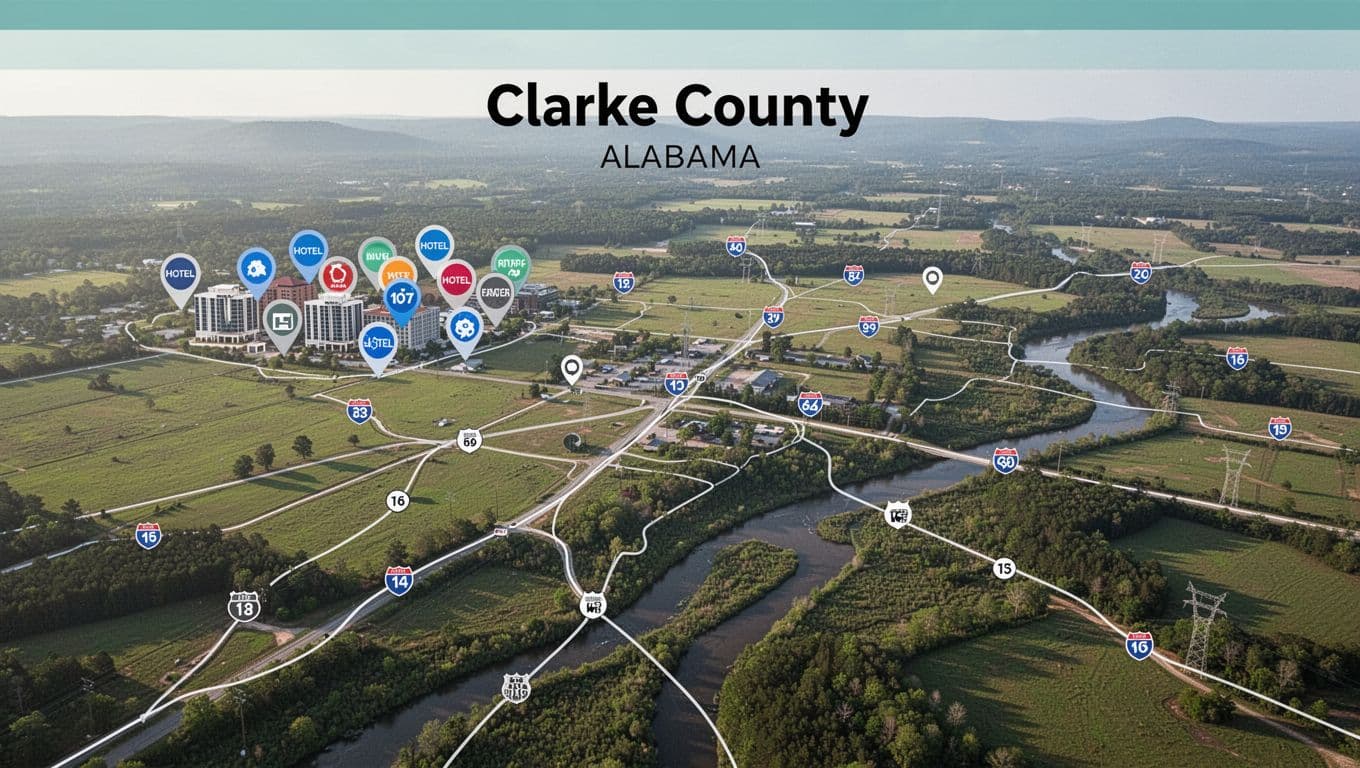 Simple aerial map view of Clarke County, Alabama, featuring roads, highways, green fields, and rivers, with hotels clustered north of Thomasville. Bold branded style includes a green edge-to-edge header band with high-contrast 'Clarke County Map' headline.