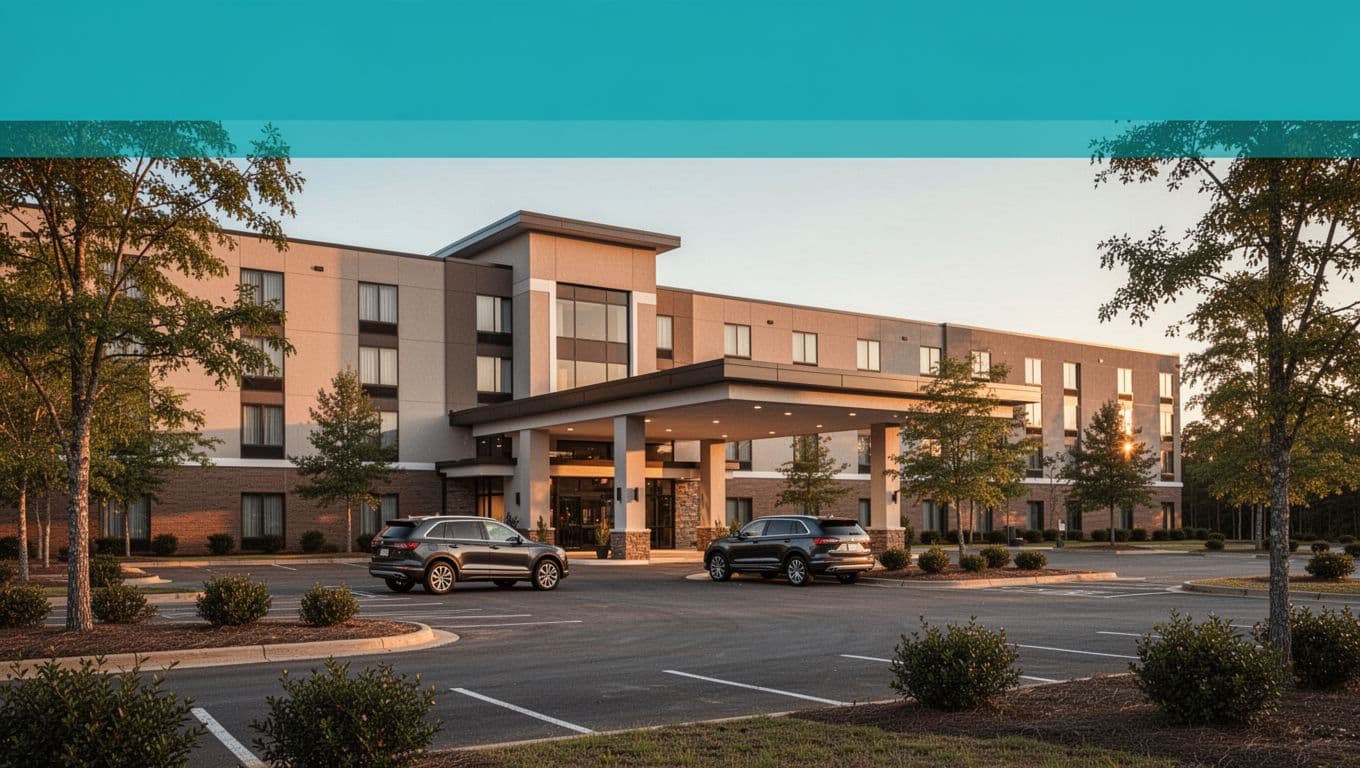 Green band with 'Clarke County Options' headline above modern highway hotel entrance in countryside at golden hour.