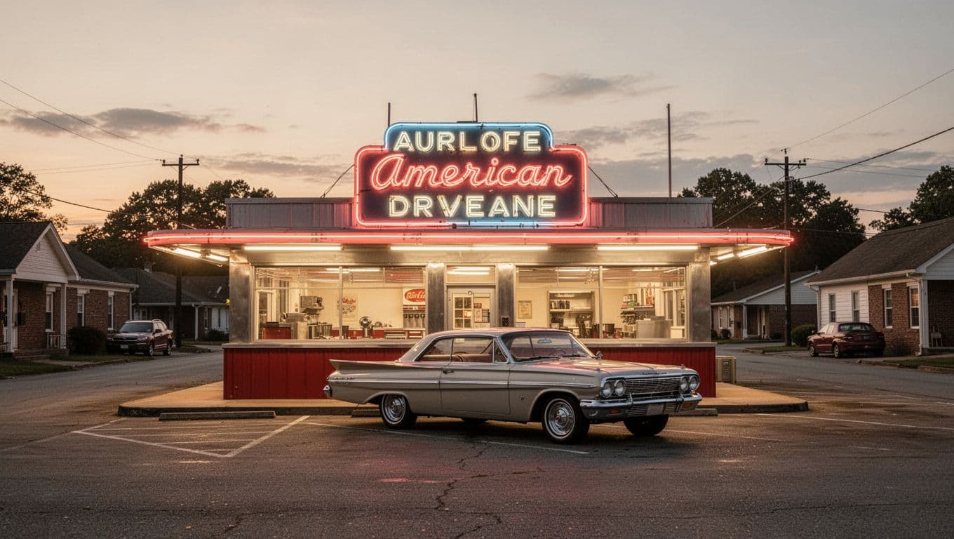 Dusk exterior of Alabama drive-in restaurant with parked vintage car, neon 'Open' sign, warm window lights, and top green 'Drive-In Classic' band.