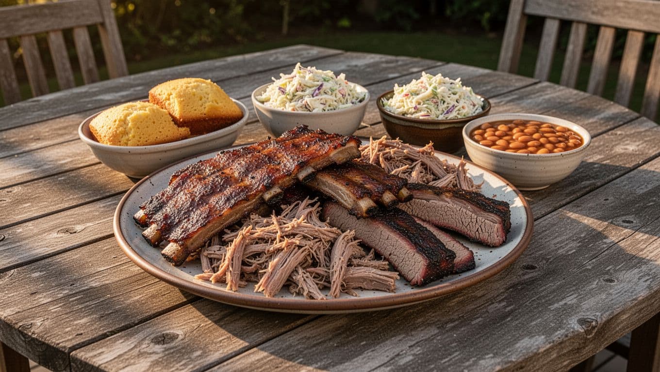 Platter of smoked BBQ ribs, pulled pork, and brisket with cornbread, coleslaw, and baked beans on a rustic wooden picnic table outdoors on a Southern patio in golden hour sunlight with soft shadows.