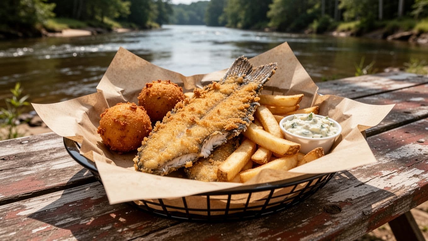 Classic Southern catfish fry platter with golden fried fillets, hushpuppies, fries, and tartar sauce in a paper-lined basket on a picnic table outdoors near an Alabama river, photorealistic under natural daylight.