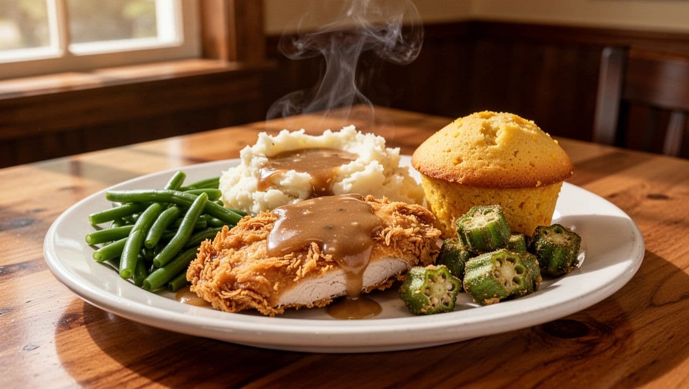 Close-up of a classic Southern meat-and-three diner plate with golden fried chicken breast, creamy mashed potatoes with gravy, bright green beans, golden fried okra, and corn bread muffin, steam rising on a white plate in cozy cafe lighting.
