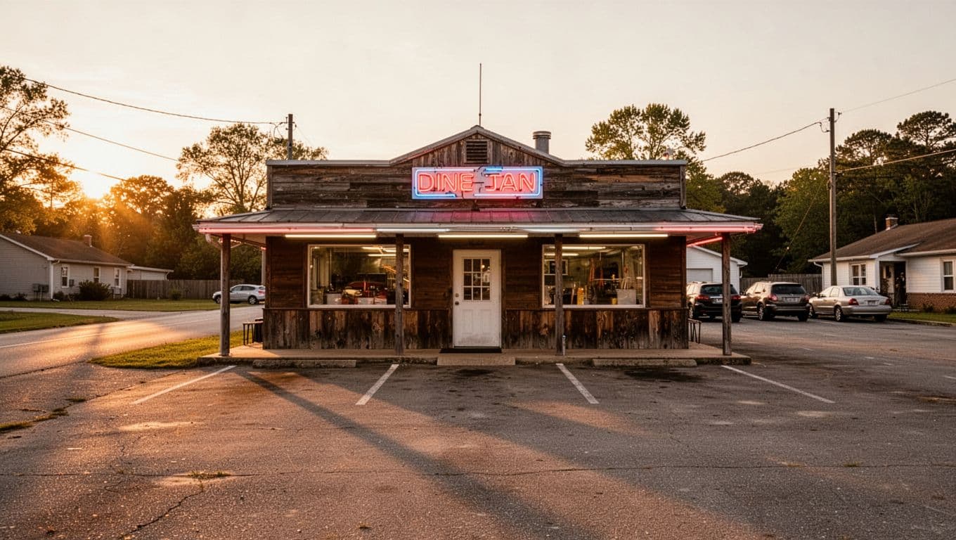 Exterior view of a classic Southern roadside diner restaurant in rural Alabama at golden hour, with wood siding, neon sign, parking lot with a few cars, centered front facade, warm sunset lighting, and bold 'Roadside Gem' headline on a green color band.