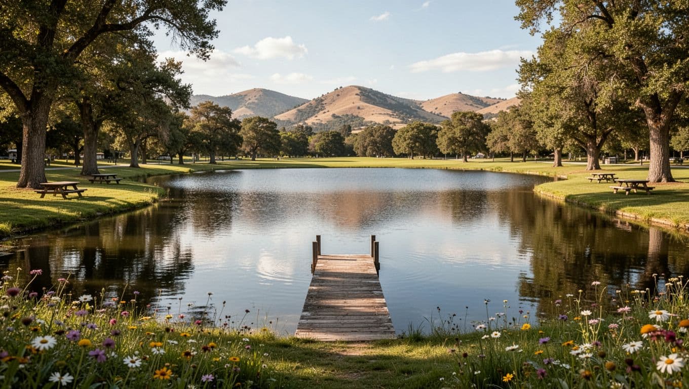 Scenic lake park in Clay, Alabama, with calm water, dock, trees, grass, picnic tables, sunny afternoon light, wildflowers, and distant hills in a peaceful composition branded with 'Clay Parks' headline.