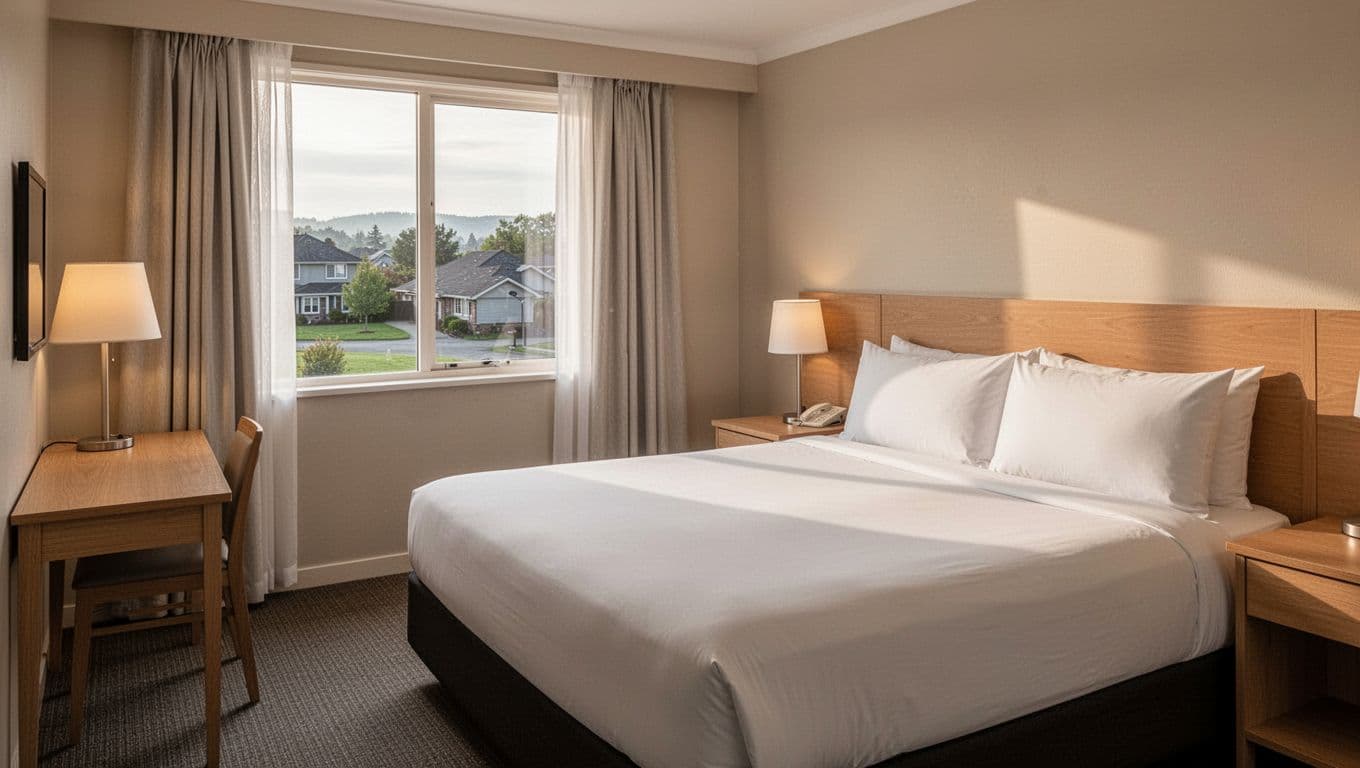 Clean standard hotel room for budget stay near Creola, Alabama, featuring a neatly made king bed, wooden desk, lamp, and curtained window with suburban view in soft morning light and neutral tones, realistic photo style with green header band displaying 'BUDGET ROOMS'. Exactly one bed and one desk, no people or clutter, landscape orientation.
