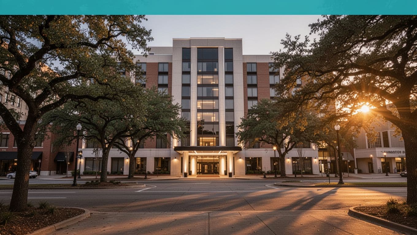 Modern hotel exterior in downtown Huntsville, Alabama near Von Braun Center at dusk, with entrance lights, oak trees, golden hour lighting, and top green banner reading 'Closest Stays'. Wide realistic street view, centered building, no people or cars.