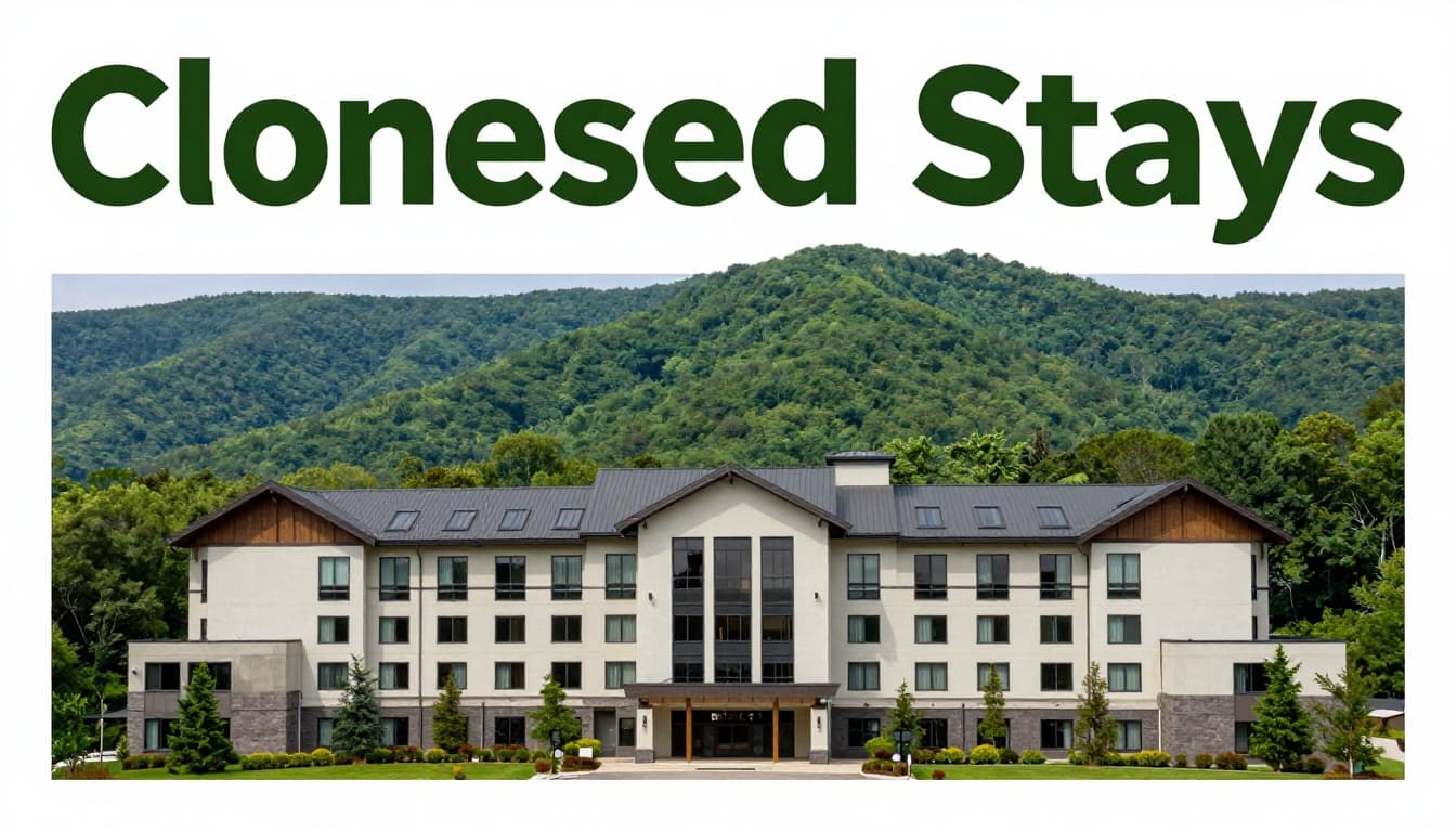Modern hotel exterior featuring a mountain backdrop resembling Monte Sano State Park with lush green hills and clear daytime lighting, topped with a bold 'Closest Stays' headline in a green band.