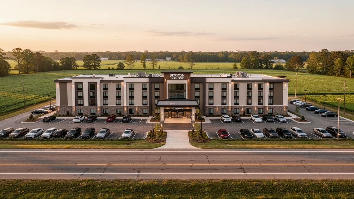 Wide landscape view of a modern roadside hotel exterior in rural Alabama along the highway, featuring parked cars, green fields, and golden hour evening light with warm tones. Bold 'Closest Hotels' headline in a green edge-to-edge band at the top.