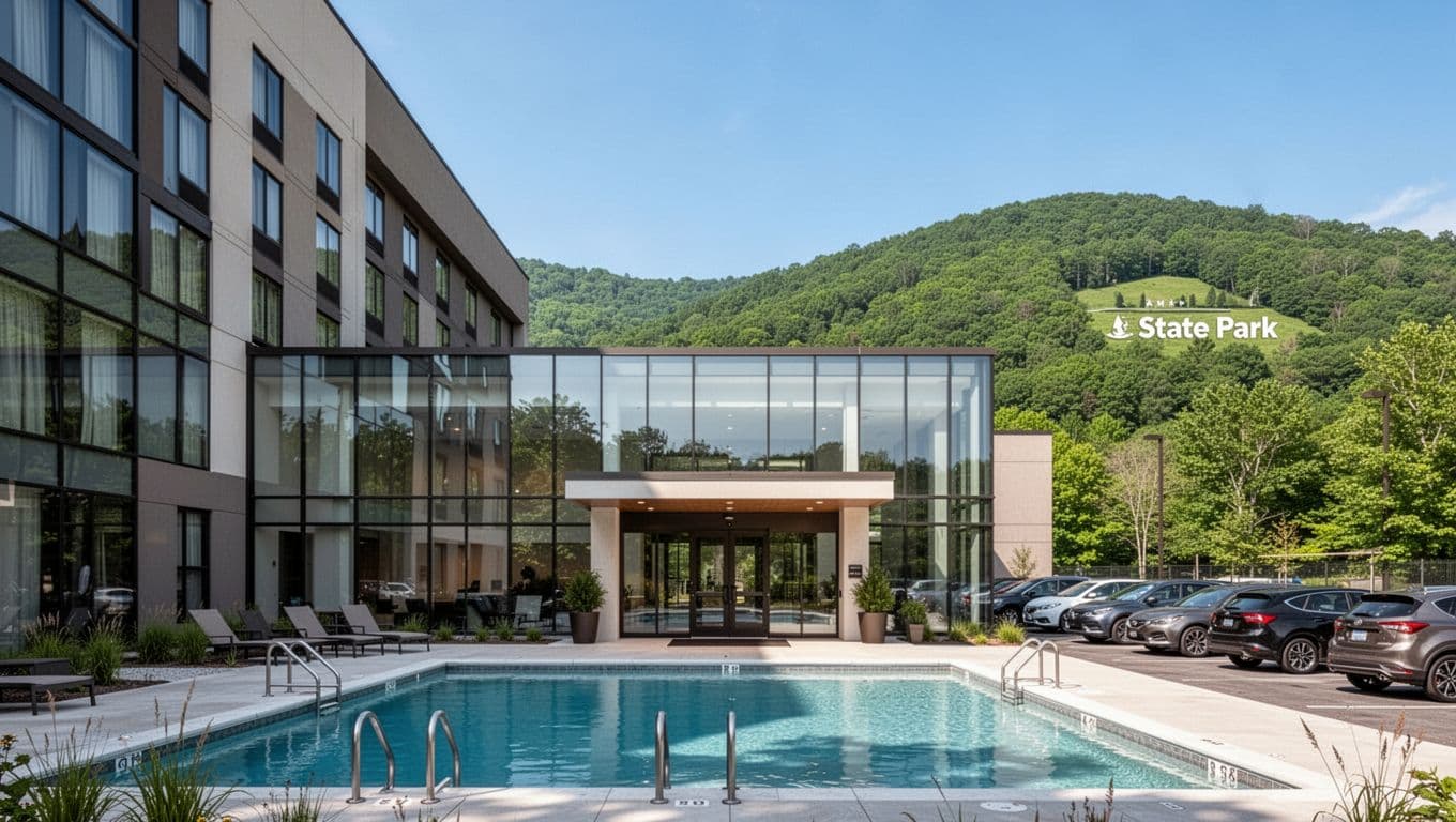 Realistic daytime landscape photo of a modern hotel exterior with outdoor pool, parked cars, and green forested hills in the background under clear blue sky, featuring bold 'Closest Stays' headline in green band at top.