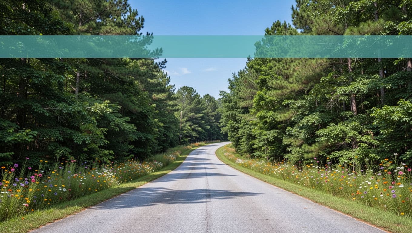 Paved road curves through dense green woods with wildflowers along sides under clear sky, green headline band 'Coaling Countryside' at top.