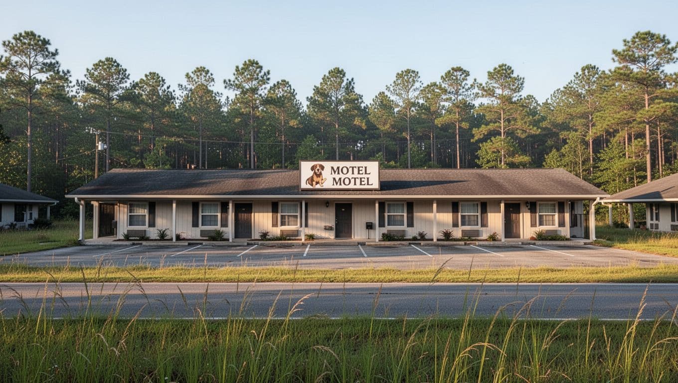 Basic one-story motel with sign and parking in quiet rural southern Alabama roadside, grass and woods backdrop, straight-on landscape in clear morning light with bold green branded header.