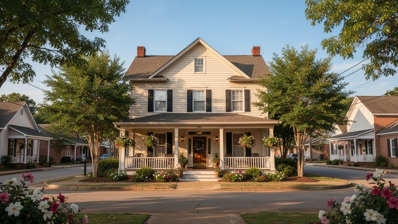 Cozy inn building in small Alabama town like Columbiana, daytime portrait of front facade and porch with flowers and trees under blue sky, realistic photo with warm lighting, branded 'Town Inn' headline.