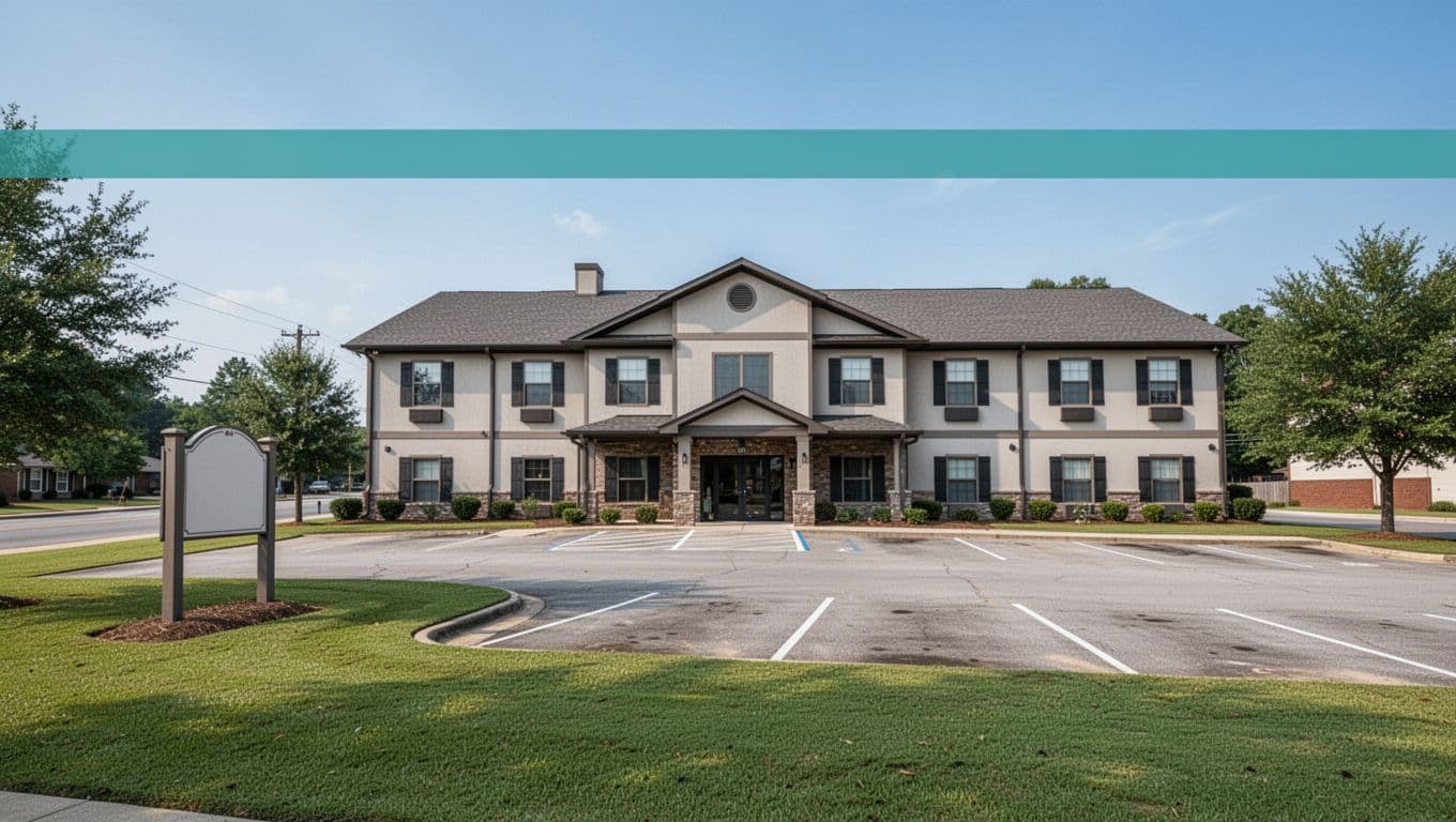 Modern two-story Comfort Inn hotel exterior on Truckers Boulevard in small Alabama town with green grass lawn, clear blue sky, highway sign, wide-angle view of entrance and parking lot.