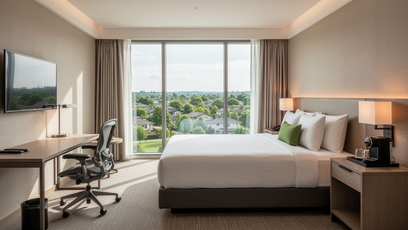 Clean modern hotel room interior featuring a neatly made king bed, large window with green suburb view, desk, chair, and coffee station, in bright natural daylight with soft warm lighting.