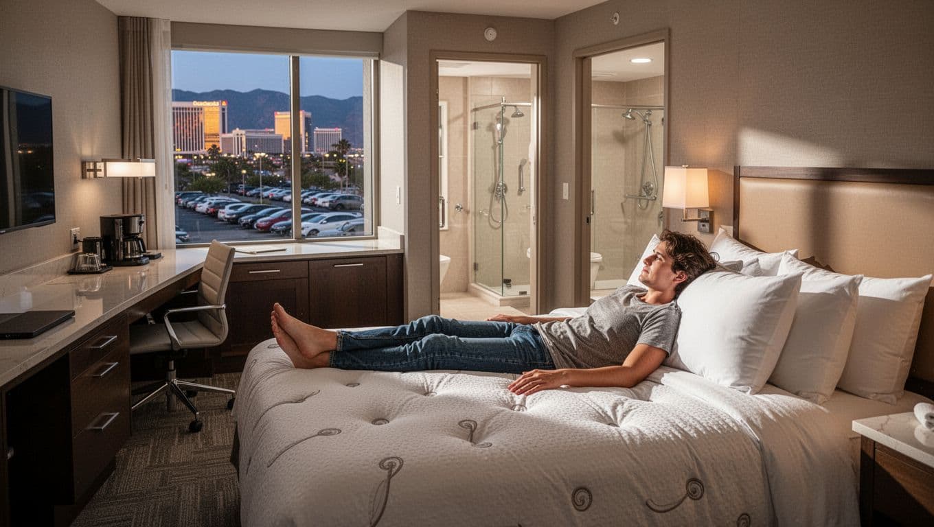 Modern hotel room interior near a casino with a king bed featuring pillow-top sheets, work desk, window view of parking lot and distant casino lights, coffee maker, and open bathroom door revealing walk-in shower; one person relaxes casually on the bed in warm lighting and neutral tones.