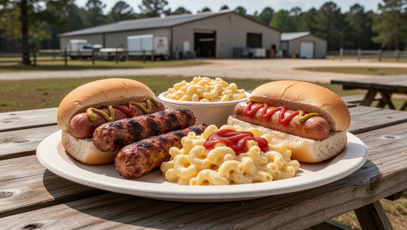Plate of hickory smoked Conecuh sausage on buns with condiments and mac and cheese on outdoor picnic table under green CONEQUH SAUSAGE band.