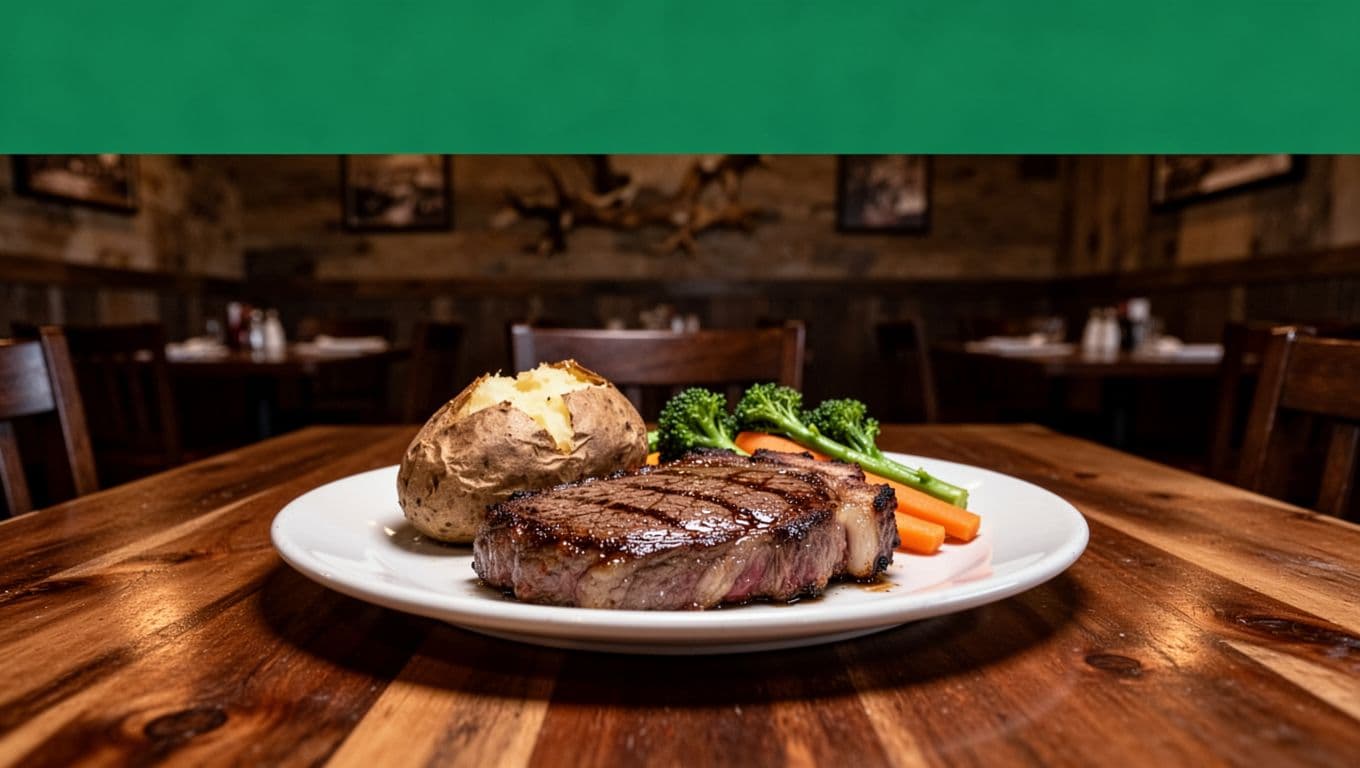 Bold 'Conestoga Steaks' headline on green band atop a cozy Dothan, Alabama steakhouse dining room with centered sizzling ribeye steak, baked potato, and sides on wooden table under dim warm lighting and rustic blurred decor.