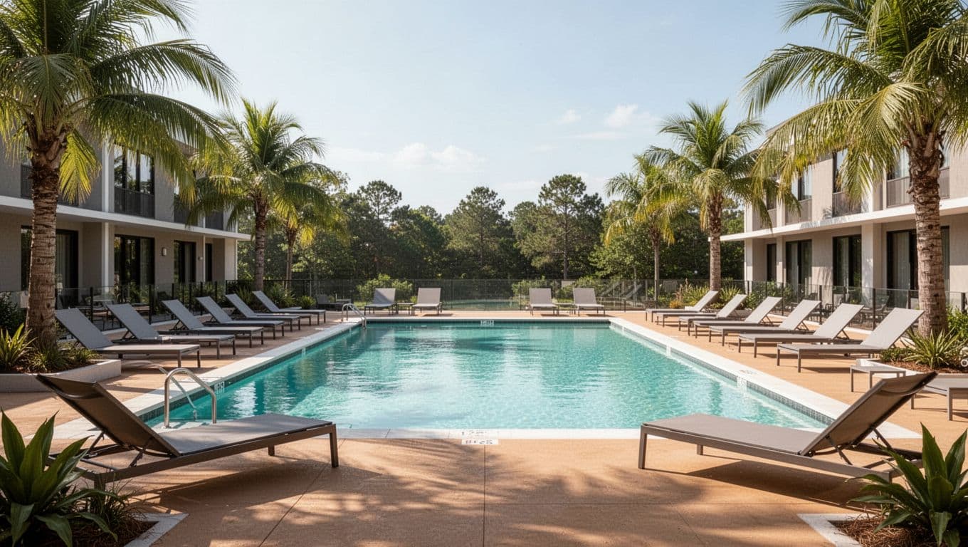 Contemporary hotel pool area outdoors with lounge chairs and palm accents in Alabama summer light, horizontal composition with pool as central focus and bold branded 'Hotel Amenities' header.