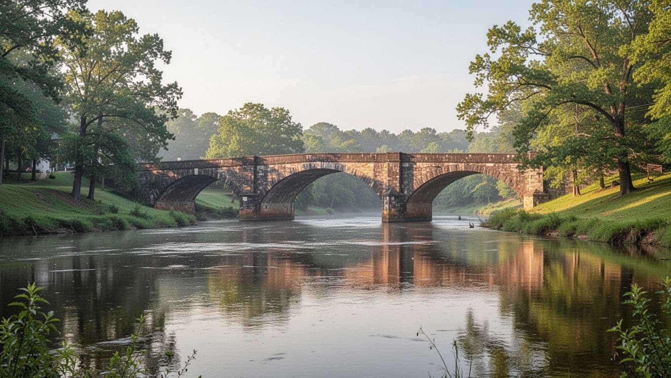 Scenic landscape view of the Coosa River in Wetumpka, Alabama, with a historic bridge spanning the calm waters, lush green banks, and trees lining the shores under soft morning sunlight. Features a bold branded editorial style with an edge-to-edge horizontal emerald green color band at the top displaying 'Coosa River Wetumpka' in high-contrast bold geometric sans-serif font.