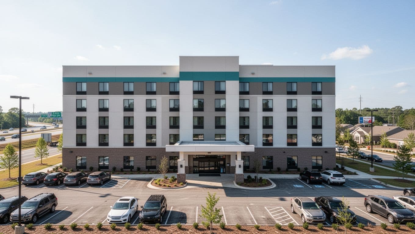 Modern Holiday Inn Express style hotel exterior in suburban Alabama near interstate, featuring front entrance view with parking lot under sunny daytime skies, realistic wide-angle photo composition.