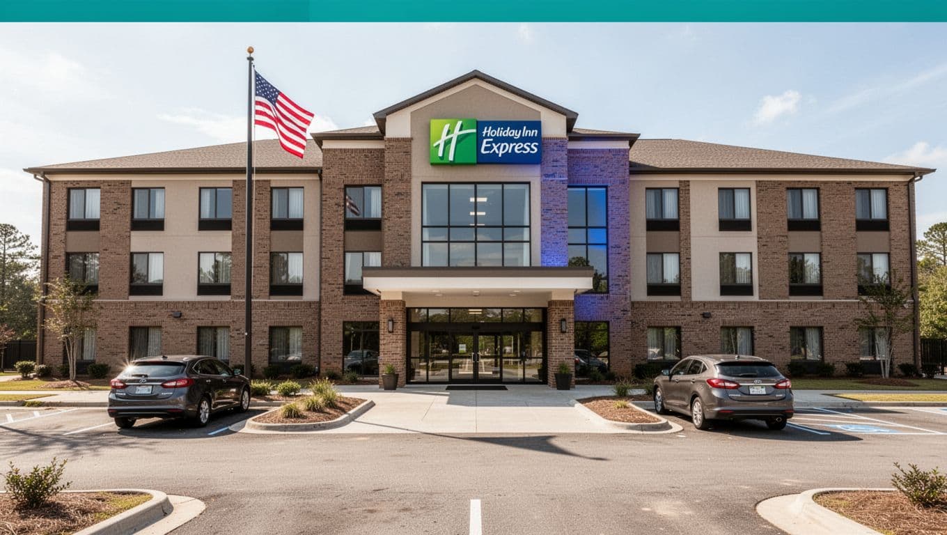 Modern Holiday Inn Express hotel exterior in suburban Cottondale Alabama, welcoming entrance with glass doors, brick facade, American flag, parking lot with two cars, clear daytime sky. Exactly one hotel building as focal subject, no people, no crowds, no additional humans or vehicles beyond two cars. Bold branded editorial style with one large headline 'Cottondale Top Pick' in Title Case on edge-to-edge horizontal #22C55E color band near top (20% image height), bold geometric sans-serif typography similar to Montserrat Black or Inter Black, high contrast white text, straight baseline, even kerning. Focal hotel below band. Landscape aspect ratio. No watermarks, no logos, no extra text, no badges, no secondary copy.