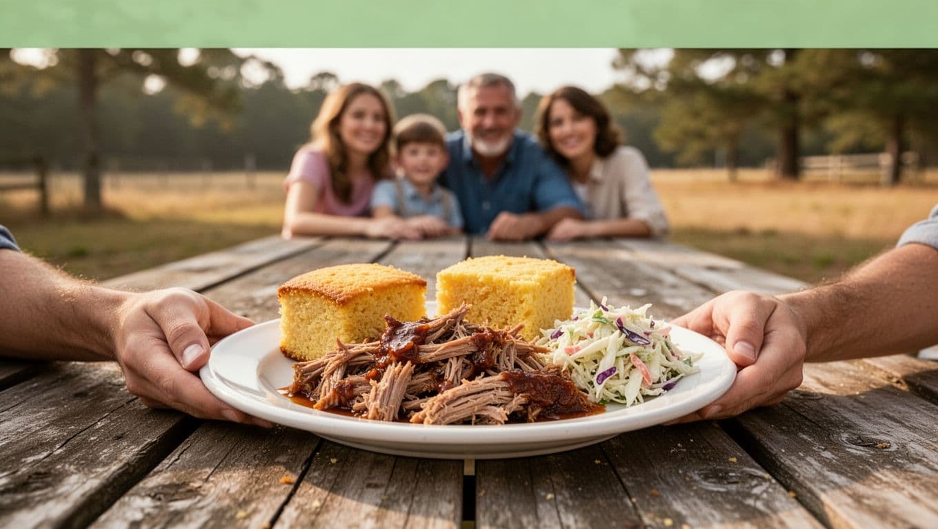 Green 'County BBQ' header band above centered plate of pulled pork, cornbread, and coleslaw on outdoor picnic table with blurred family in rural background.