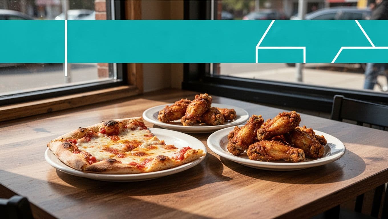 Green header band with 'County Eats' above dining table holding pizza slice and wings in roadside eatery.