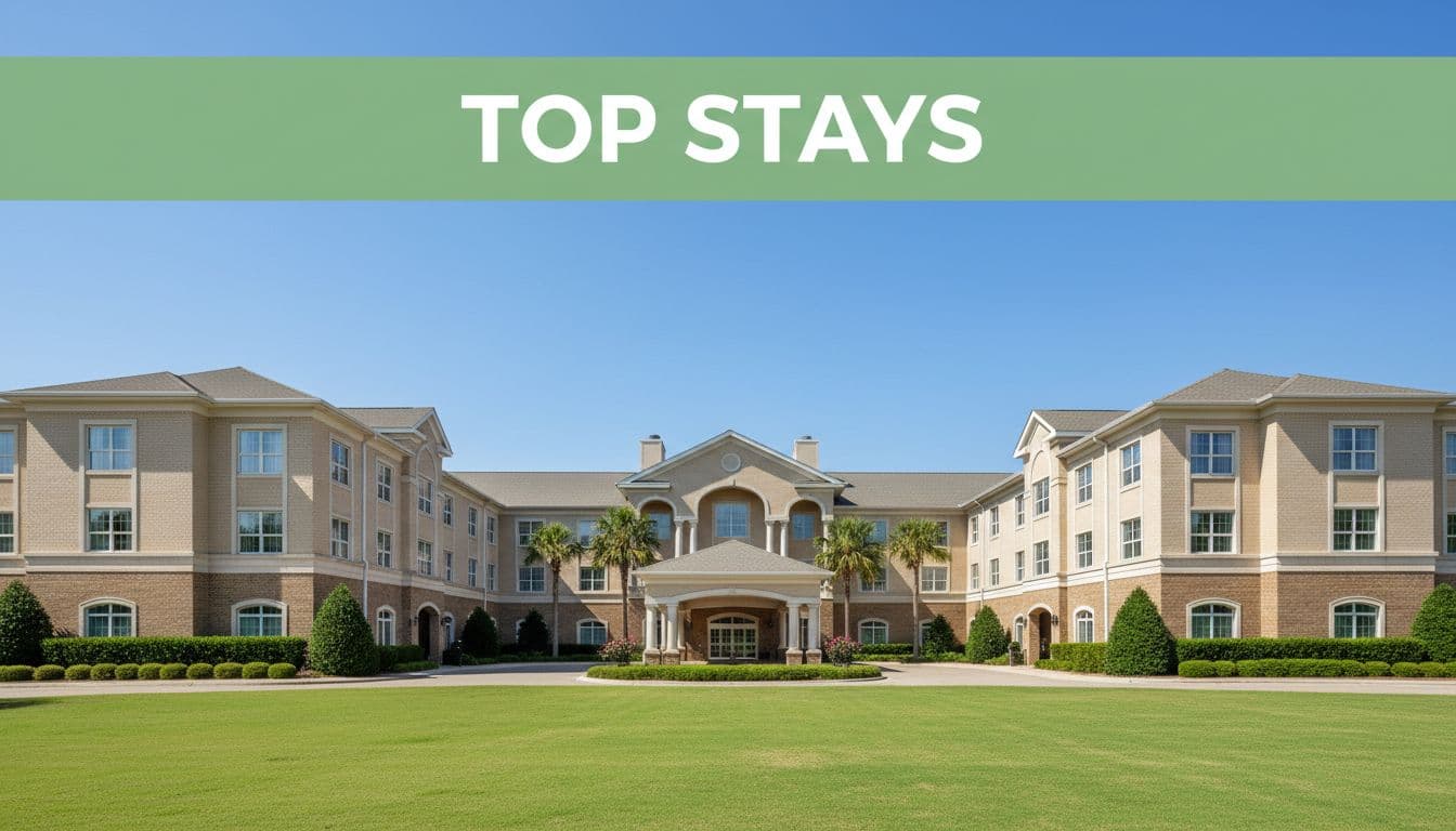 Photorealistic wide landscape view of a Courtyard hotel exterior centered on the entrance in a lush green suburban Alabama neighborhood near Vestavia Hills, with manicured lawns and clear blue daytime sky, featuring a bold 'Top Stays' headline in a green band at the top.