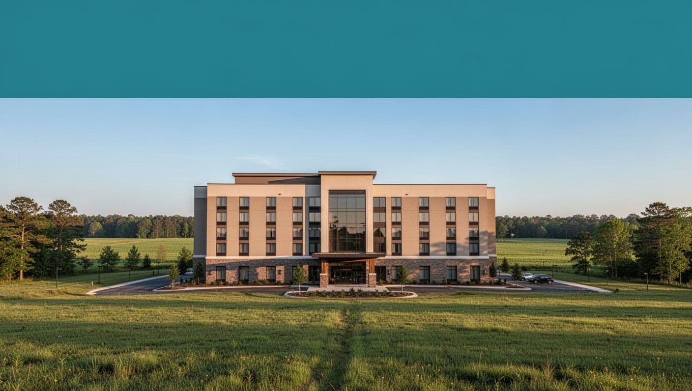 Green top band with 'Cowarts Stays' headline above modern hotel in rural Alabama fields under blue sky.