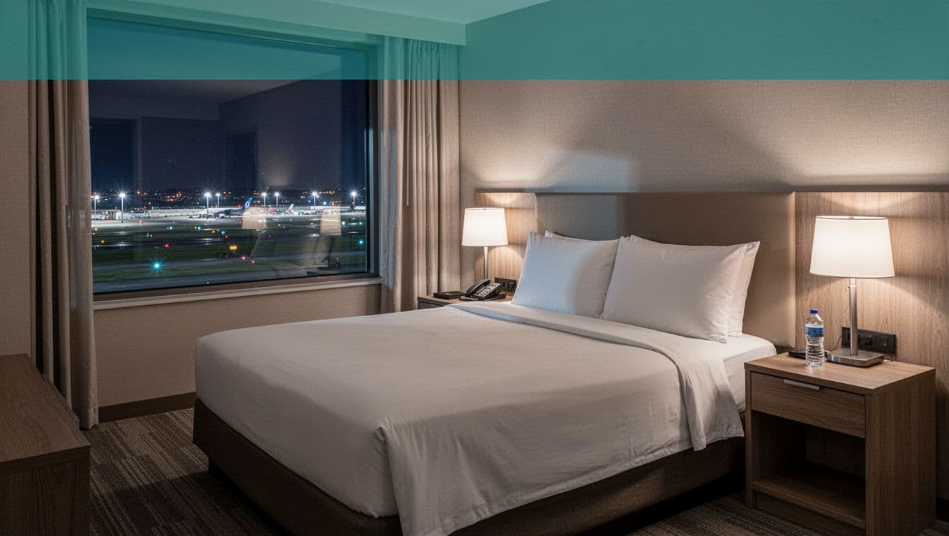 Cozy modern hotel room interior for layover rest with king bed, crisp white sheets, large window showing distant airport runway lights at night, wooden nightstand with lamp and water bottle. Neutral tones, soft ambient lighting, photorealistic landscape composition with #22C55E top headline band and bold 'Comfortable Stay' text.