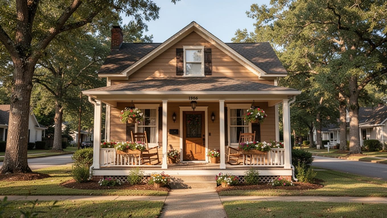Charming bed and breakfast in quiet Alabama neighborhood with front porch, rocking chairs, flowers, and tree-lined street under sunny sky.