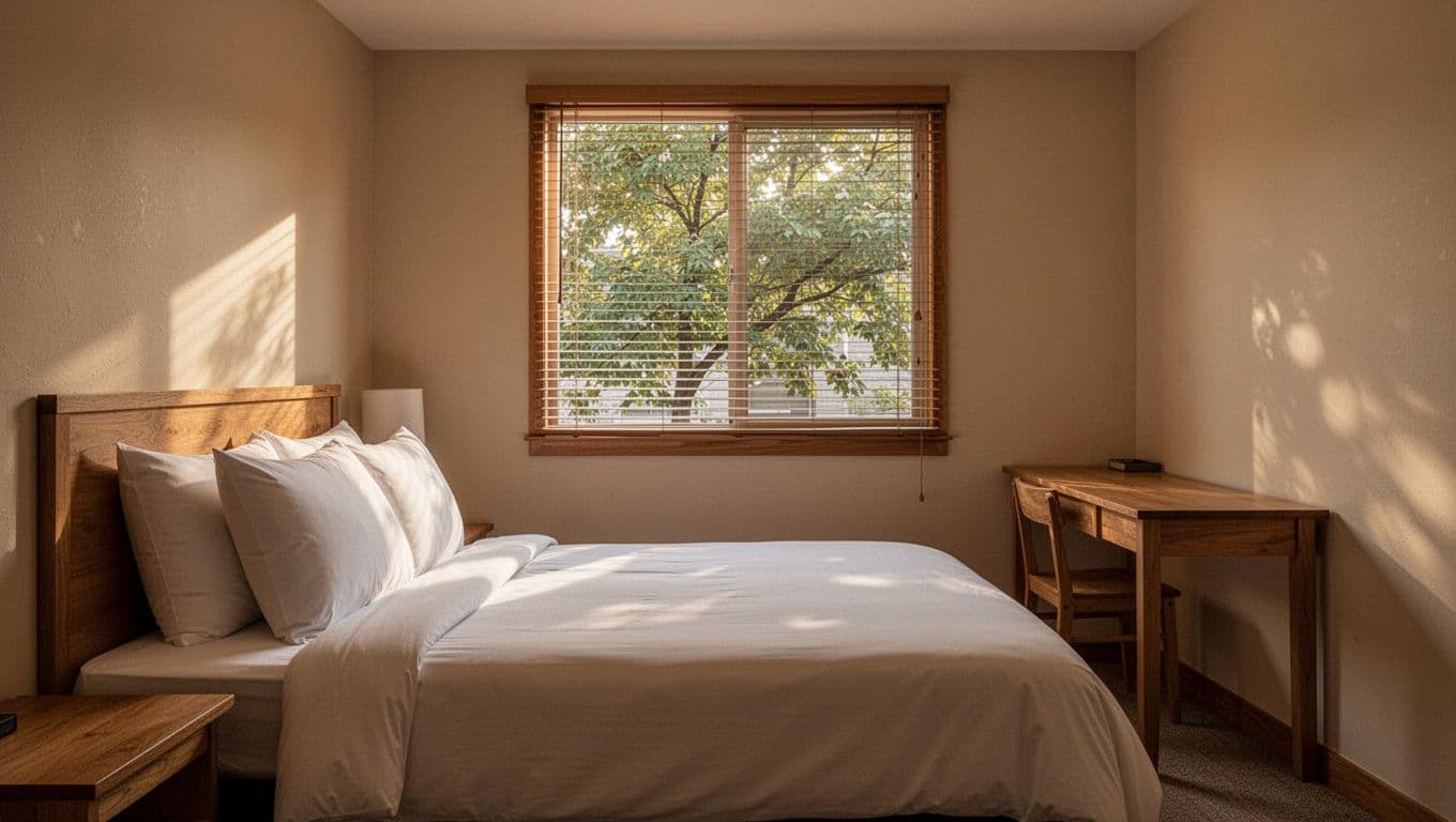 Interior of a cozy budget hotel room in an Alabama motel, featuring a queen bed with pillows, simple wooden desk, window with blinds showing trees, warm lighting, and 'Budget Stays' headline.